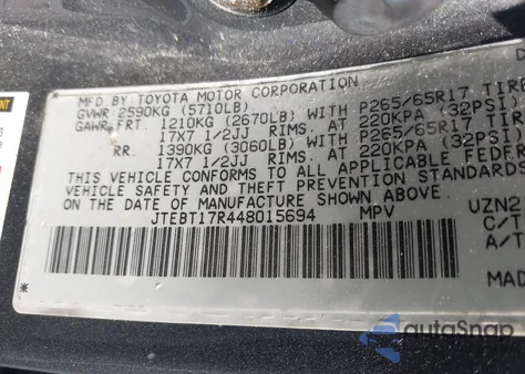 2004 Toyota 4Runner Limited V8 from USA, damaged, VIN JTEBT17R448015694